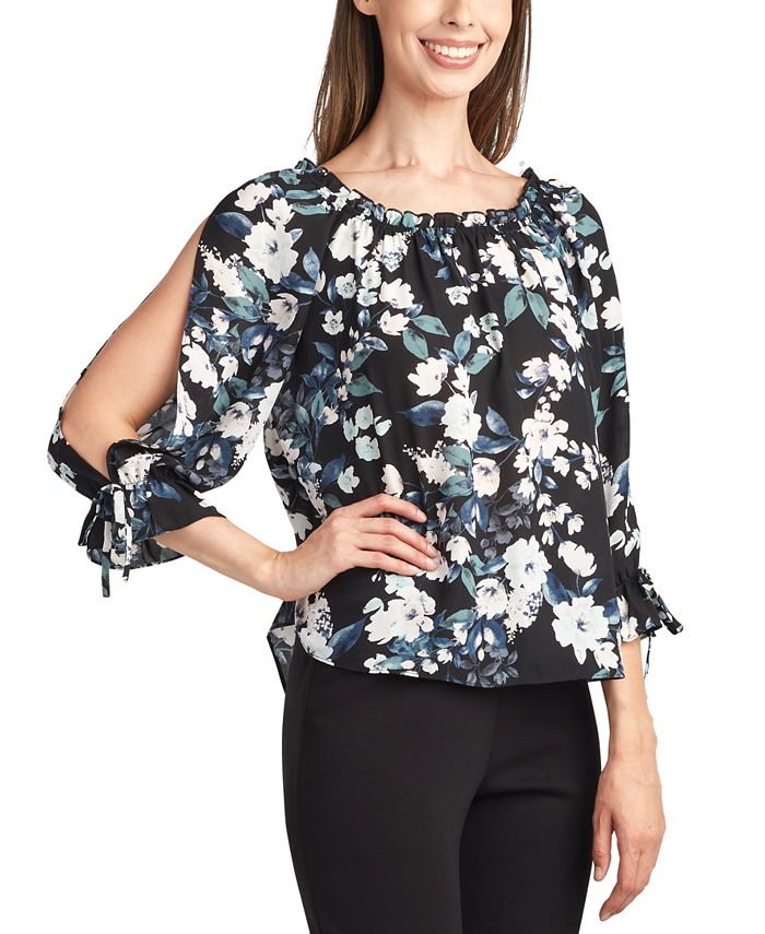 BCX Juniors' Floral-Print Split-Sleeve Ruffled-Neck Top - Macy's