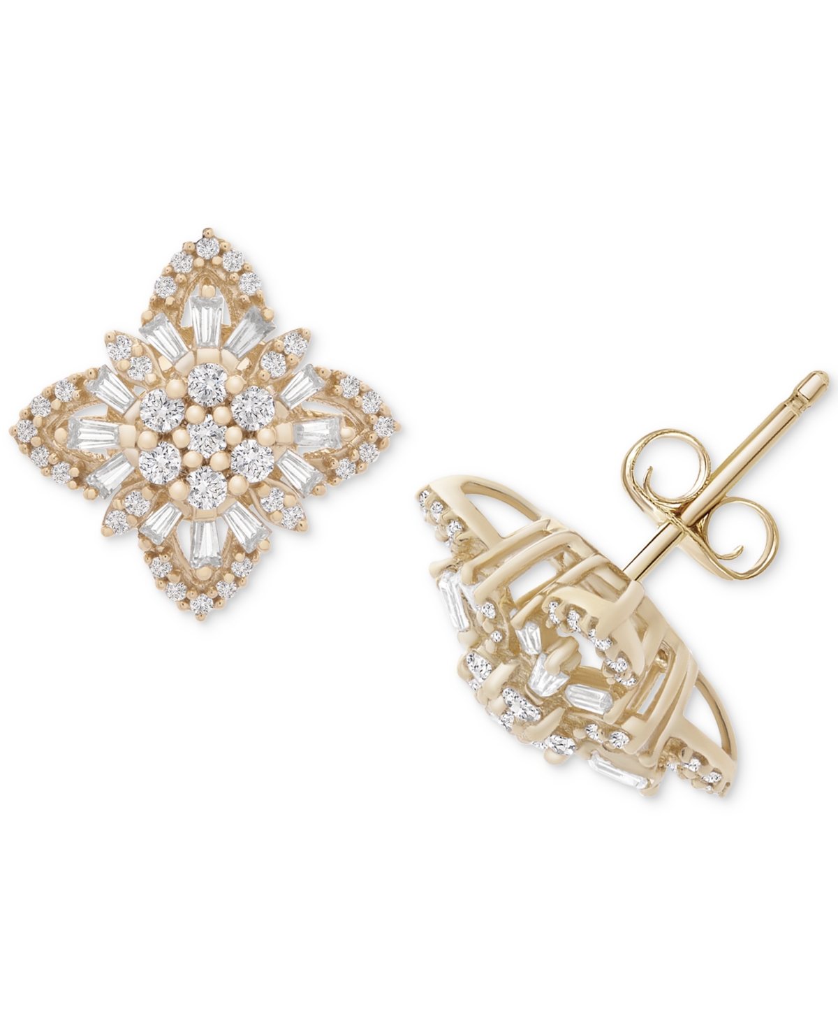 Diamond Round & Baguette Stud Earrings (1/2 ct. t.w.) in 14k Gold, Created for Macy's - Yellow Gold