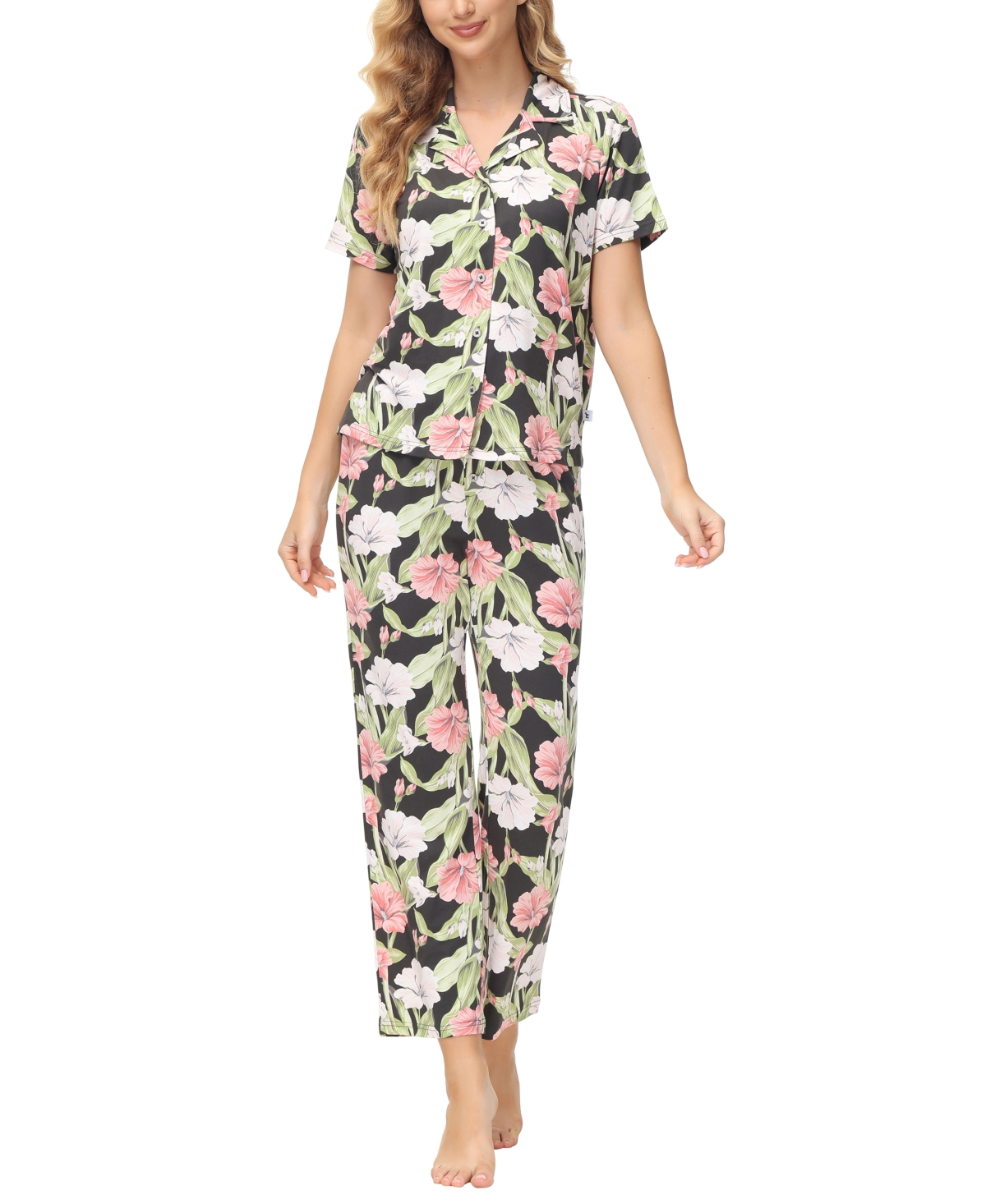 Echo Women's 2 Piece Printed Short Sleeve Notch Top With Pants Pajama Set In Bayview Floral