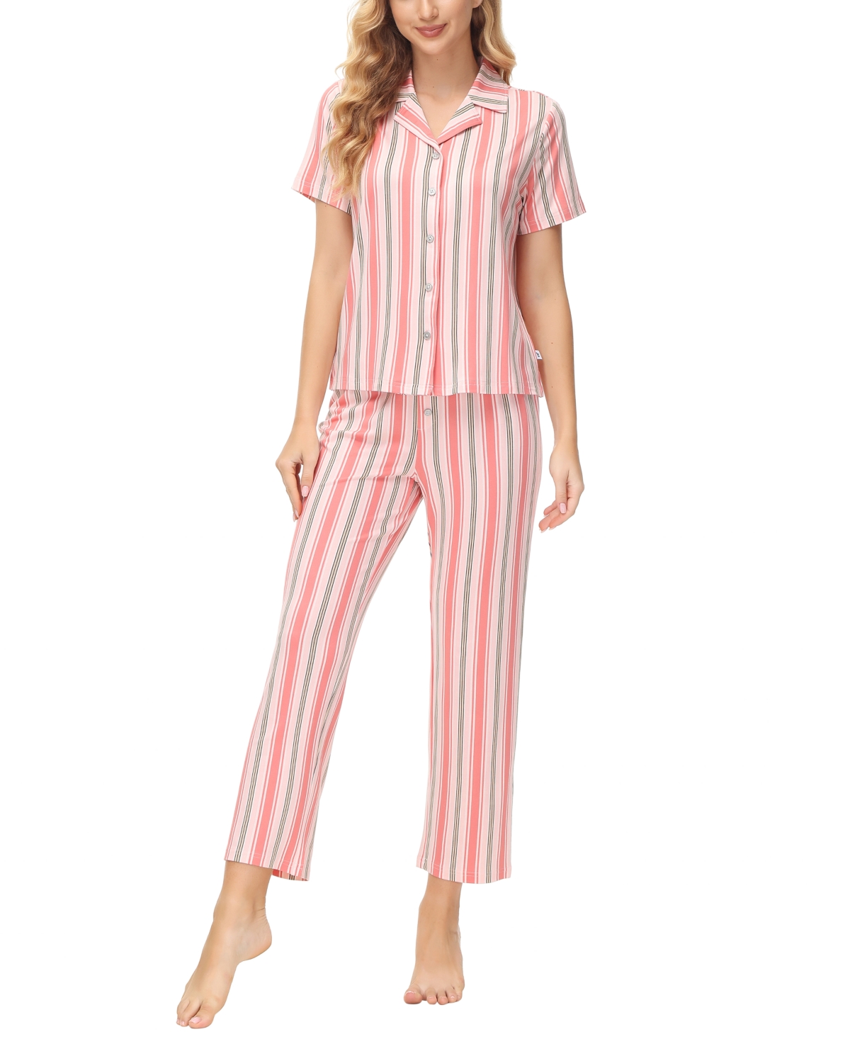 Echo Women's 2 Piece Printed Short Sleeve Notch Top with Pants Pajama Set