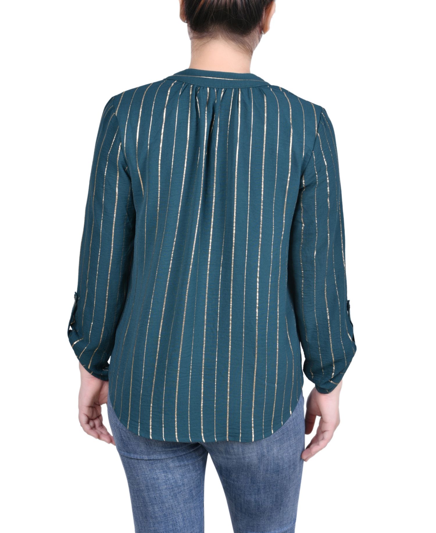 Petite Long Sleeve Foil Striped Blouse
