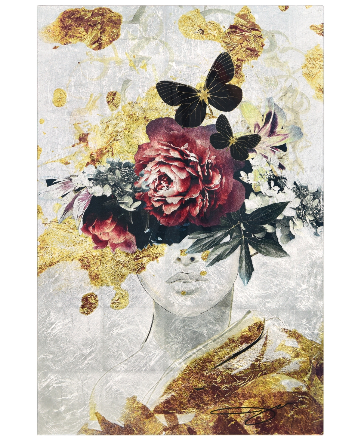 Empire Art Direct "gold-tone Elegance" Reverse Printed Tempered Glass With Silver-tone Leaf, 36" X 24" X 0.2" In Sliver,black,gold,red