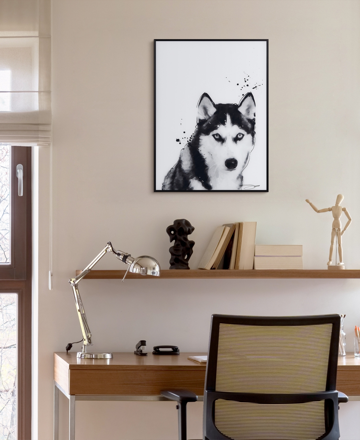EMPIRE ART DIRECT "SIBERIAN HUSKY" PET PAINTINGS ON PRINTED GLASS ENCASED WITH A BLACK ANODIZED FRAME, 24" X 18" X 1" 