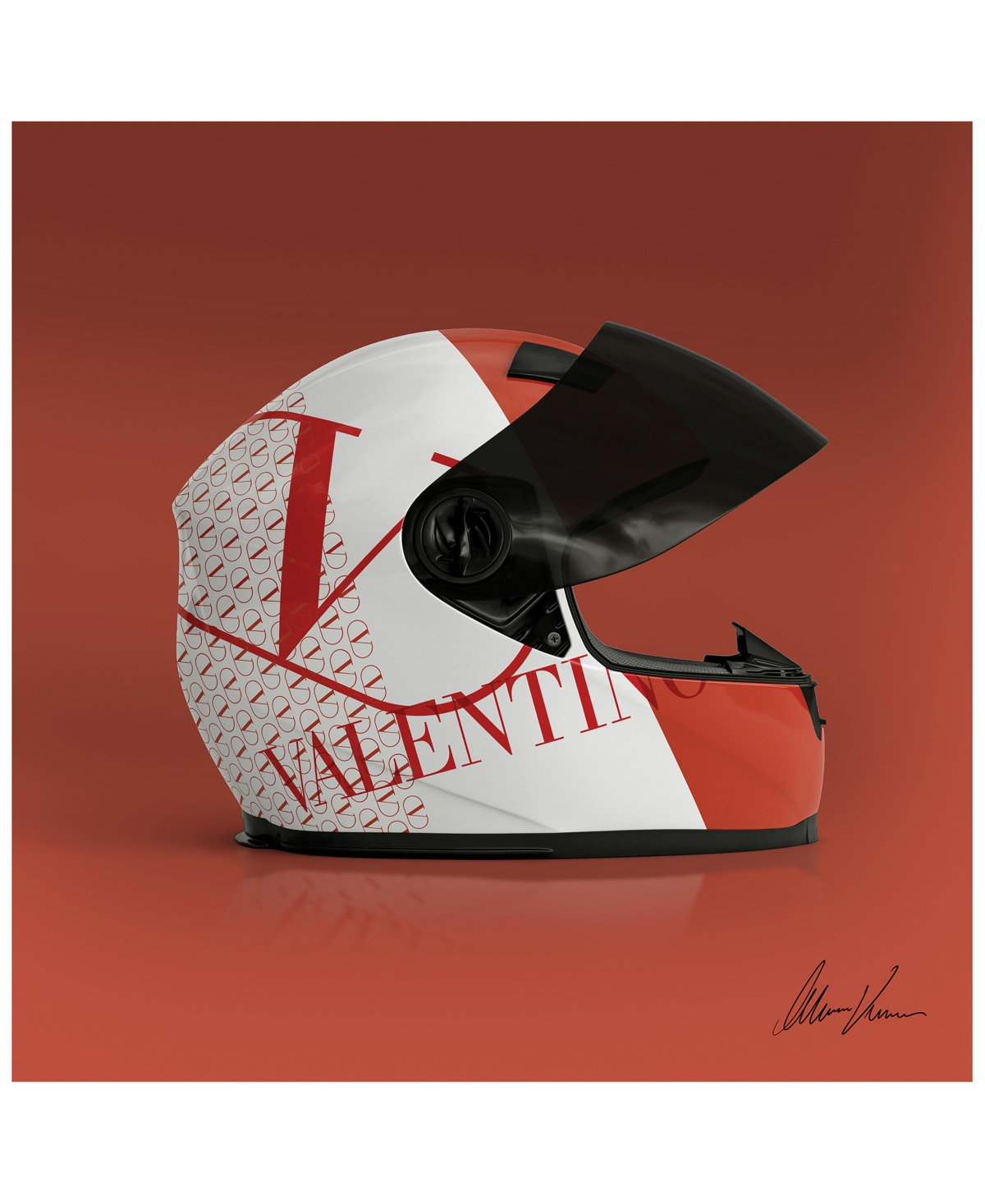 Empire Art Direct Valentino Speeding Helmet Frameless Free Floating Tempered Glass Panel Graphic Wall Art In Red,white