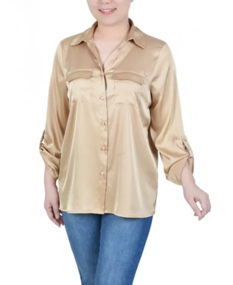 Petite 3/4 Sleeve Roll Tab Satin Blouse - Champagne