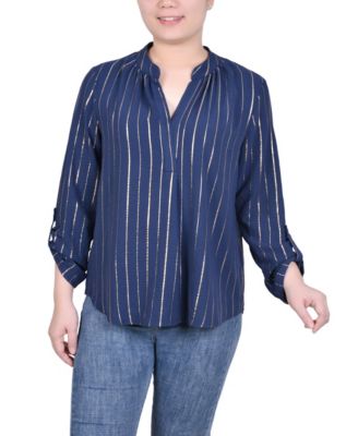Petite Long Sleeve Foil Striped Blouse