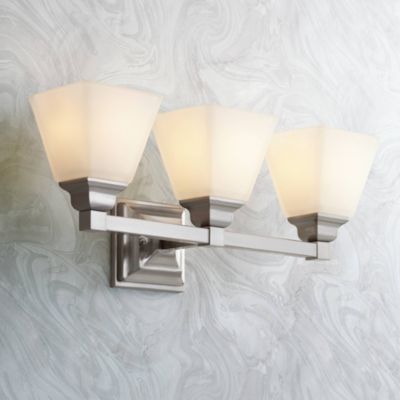 Mencino-Opal Wall Mount Light Satin Nickel Silver Metal Hardwired 20" Wide 3-Light Fixture Etched White Glass Shade for Bathroom Vanity Mirror House Home Room Decor - Regency Hill