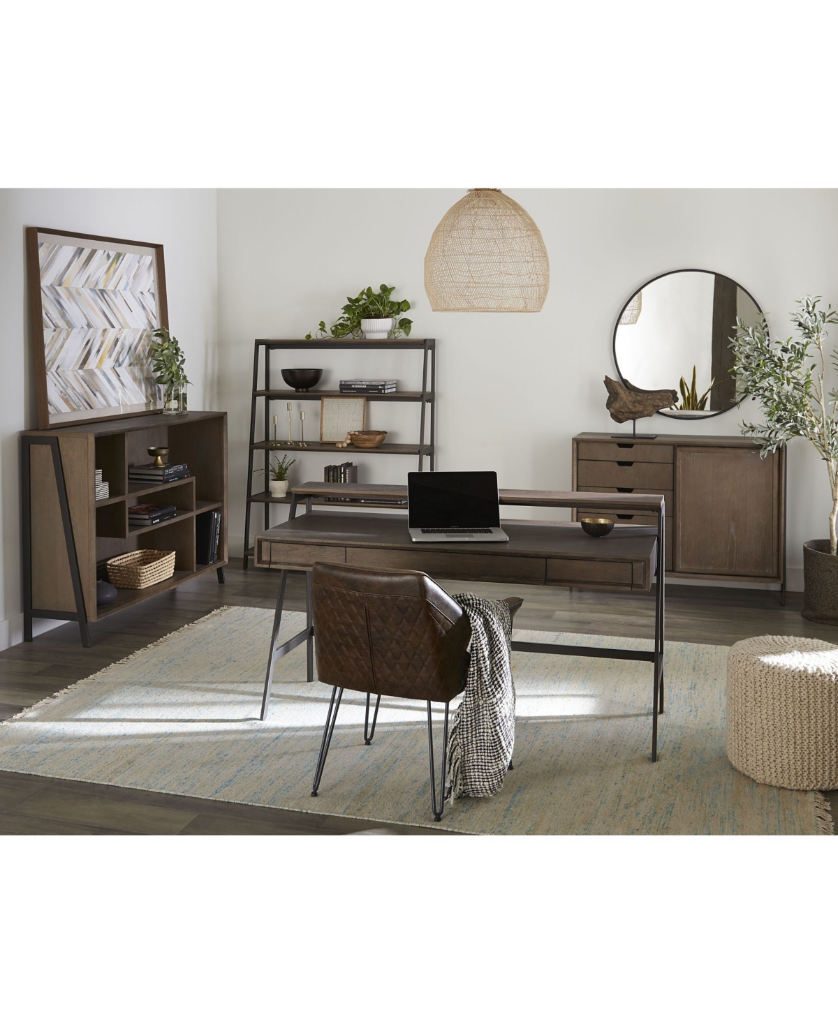 Macy's Finch 59" Wood And Metal Etagere Bookcase In Buckwheat,antique Bronze