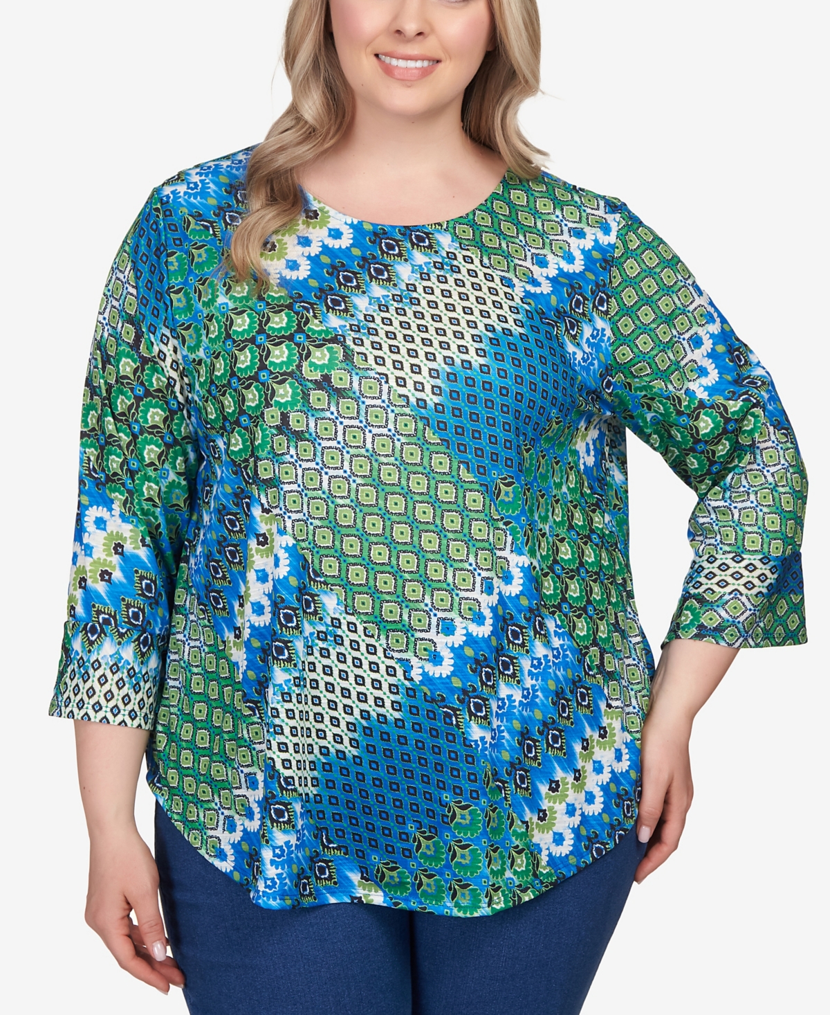 Plus Size Mixed Bohemian Geo Patchwork Top with Bell Sleeves - Jewel Green Multi