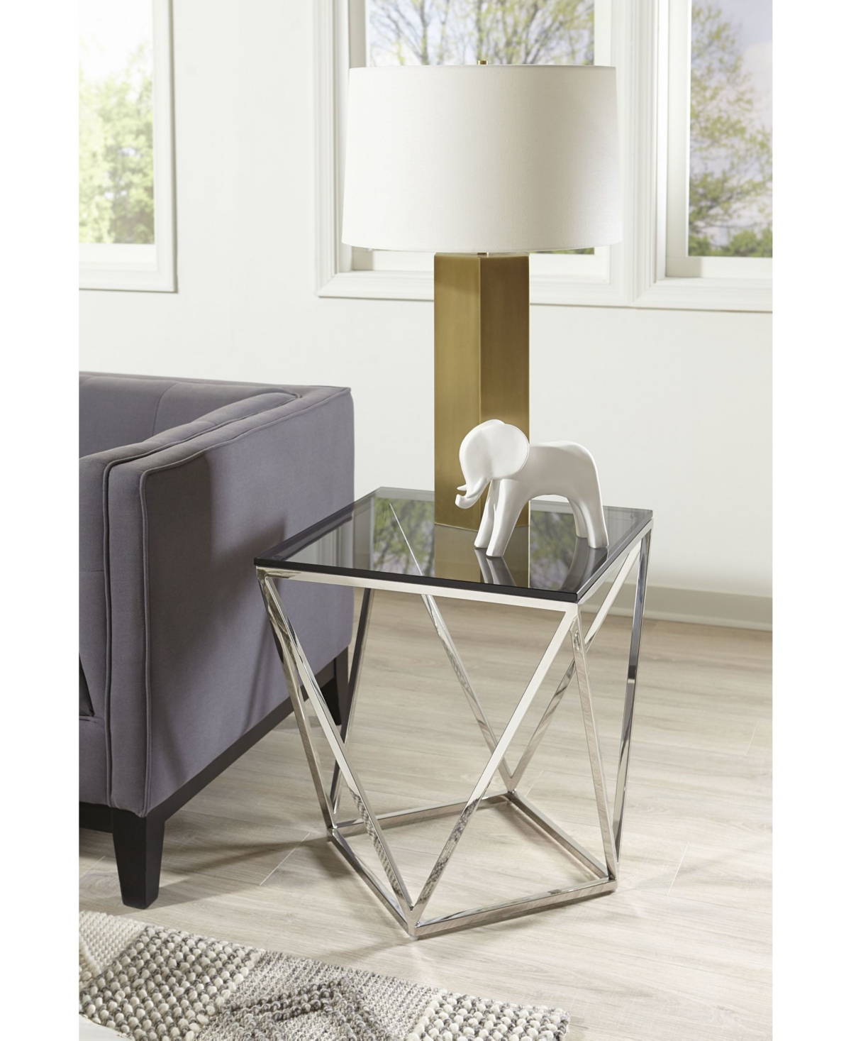 Shop Macy's Aria 22" Smoked Glass And Polished Stainless Steel End Table In Pol Stainless Steel,smoked Glass