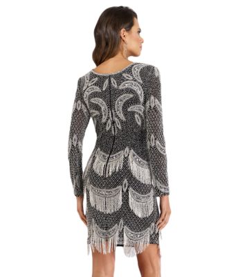 Women's Long Sleeve Beaded V-Neck Fringe Cocktail Dress