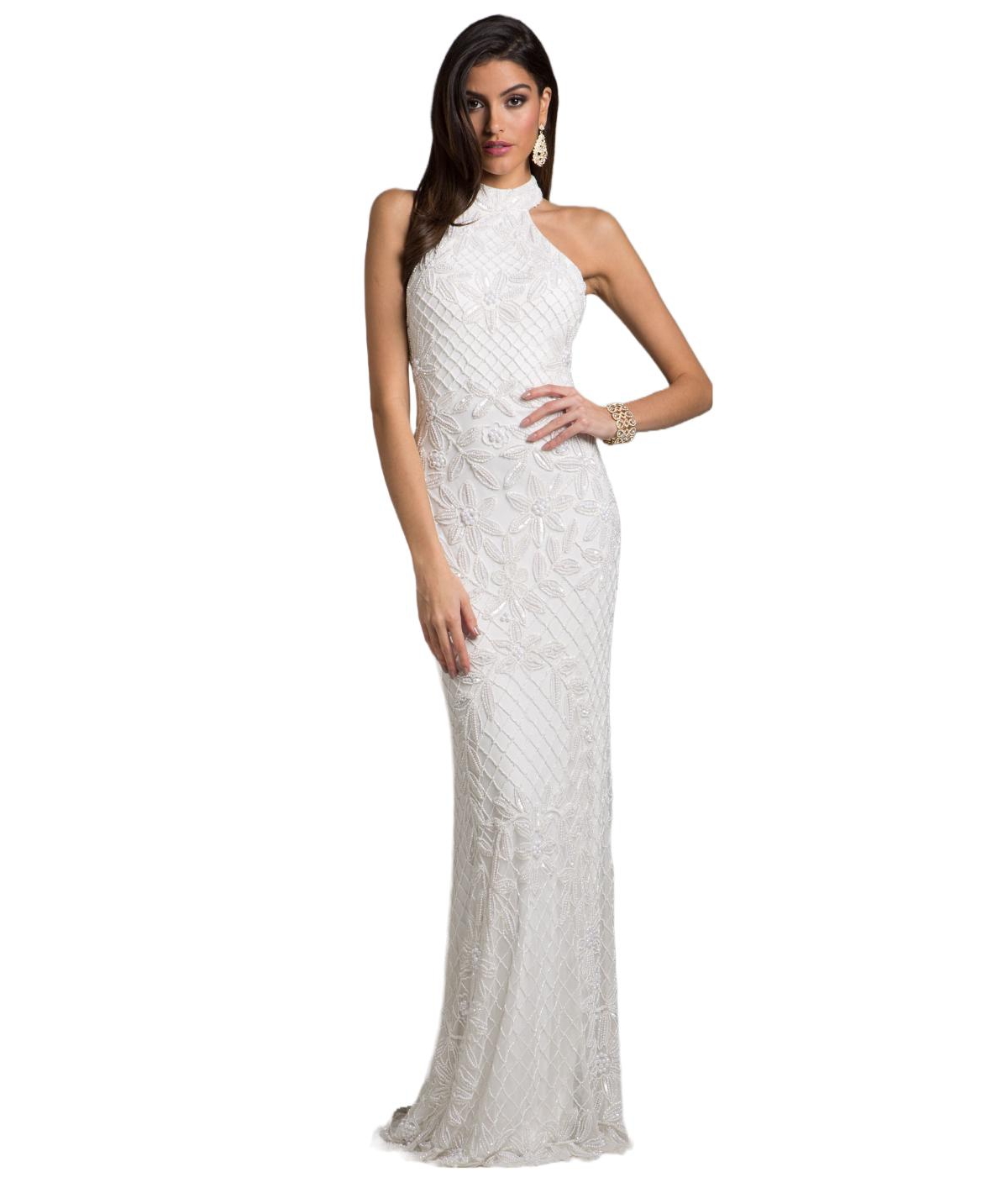 Women's Lattice-Beaded Halter Neck Sheath Wedding Gown - Ivory