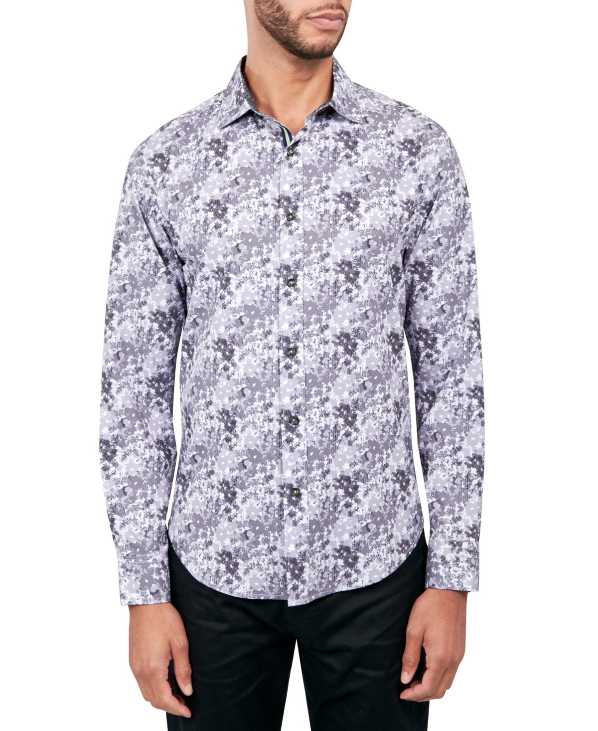 Men's Regular-Fit Non-Iron Performance Stretch Abstract Floral Button-Down Shirt - Grey