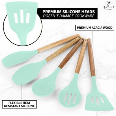 5 Piece Silicone Utensils Set with Authentic Acacia Wood Handles