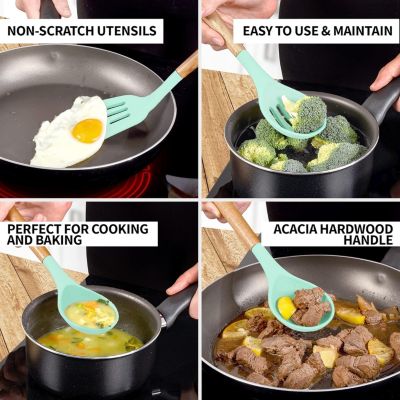 5 Piece Silicone Utensils Set with Authentic Acacia Wood Handles