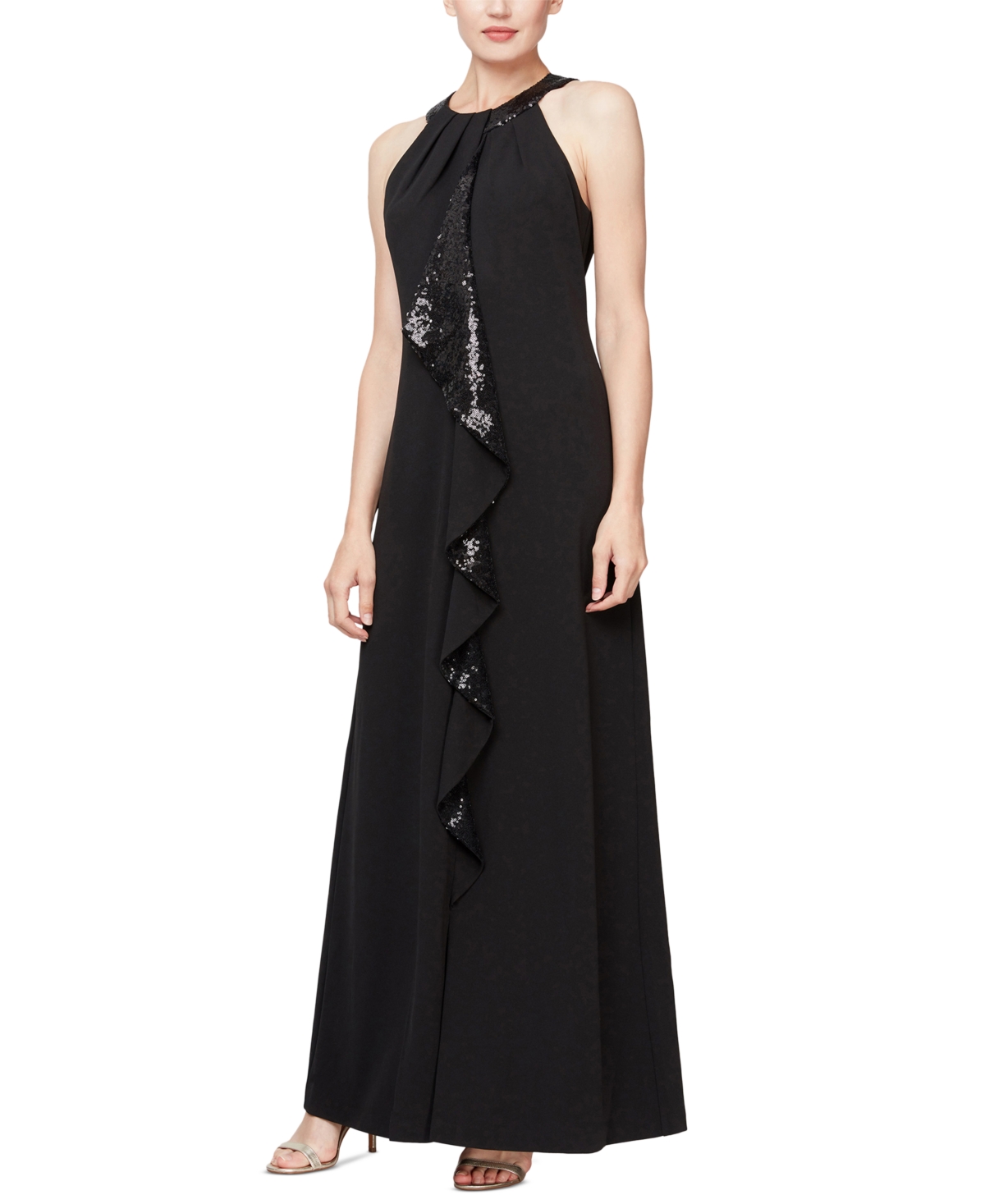 Sl Fashions Petite Sequin-trim Long Halter-neck Dress In Black