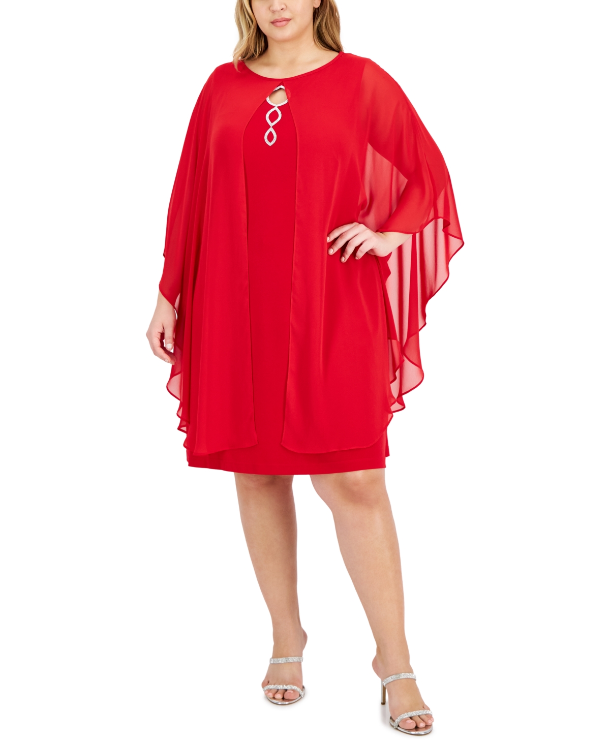 Connected Plus Size Cape-overlay Sheath Dress In Apple Red