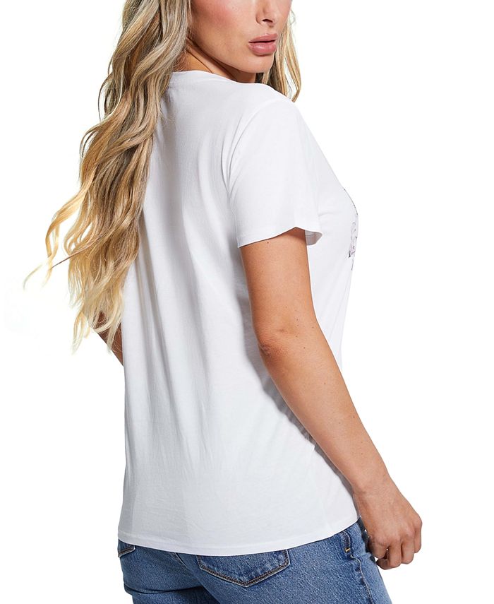 GUESS Women's Short-Sleeve Rhinestone Flora T-Shirt - Macy's