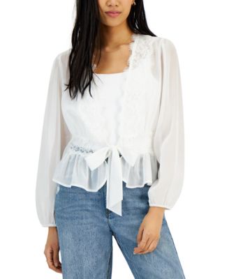 Planet Heart - Juniors' Lace-Trim Tie-Front Peplum Top