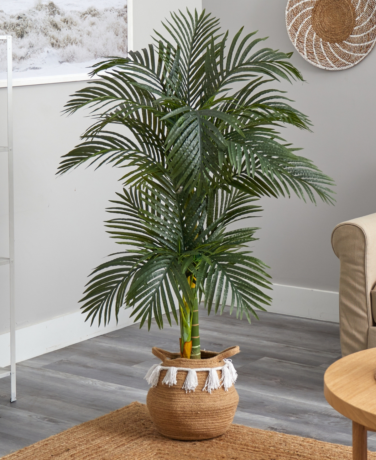 Nearly Natural 60" Artificial Double Stalk Cane Palm Tree With Handmade Woven Cotton Basket In Green