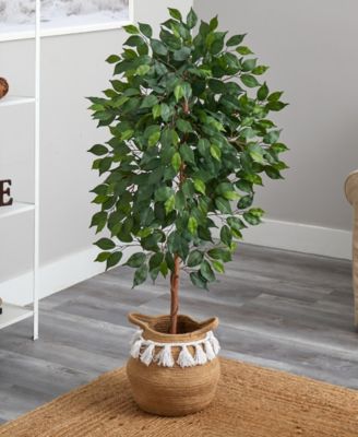 48" Artificial Ficus Tree with Handmade Jute Cotton Basket with Tassels