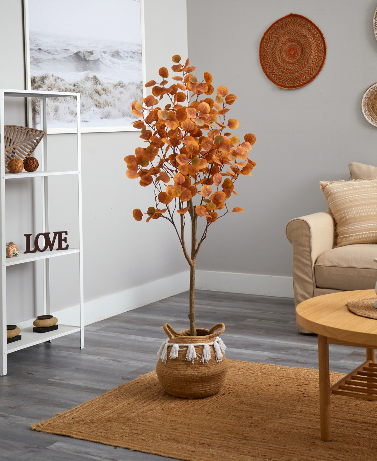 Nearly Natural Artificial Autumn Eucalyptus Tree with Handmade Jute Cotton Basket with Tassels