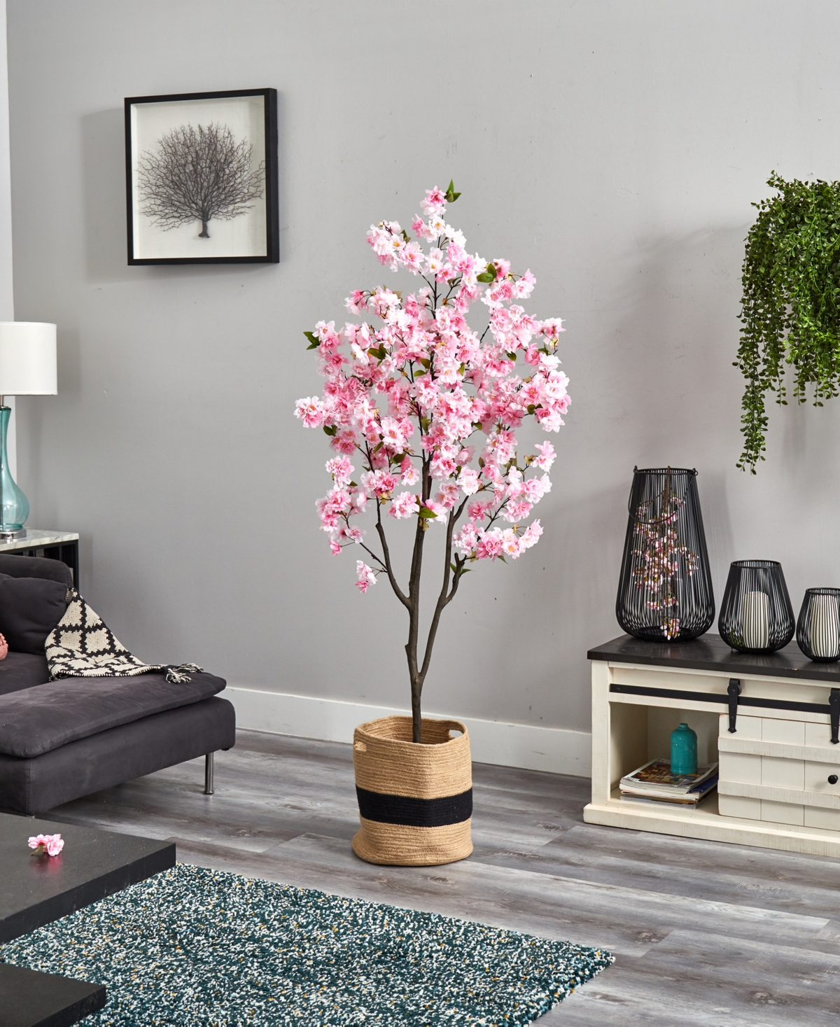 Nearly Natural 72" Artificial Cherry Blossom Tree With Handmade Jute Cotton Basket In Pink