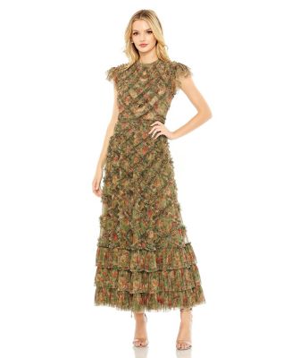 Mac Duggal Women's High Neck Ruffle Cap Sleeve Floral Dress - Macy's