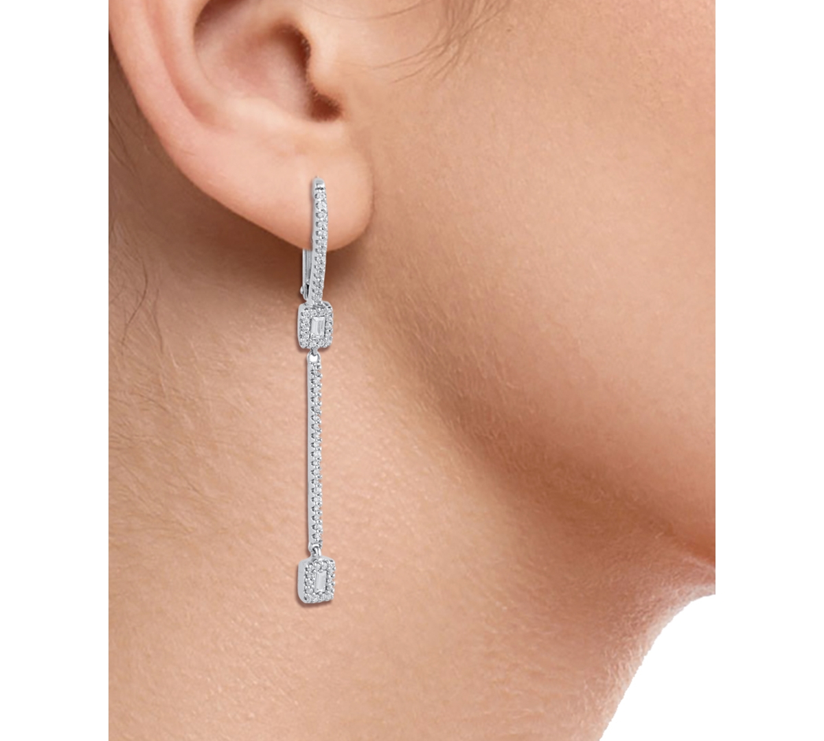 Shop Macy's Diamond Round & Baguette Linear Leverback Drop Earrings (1/3 Ct. T.w.) In 14k White Gold