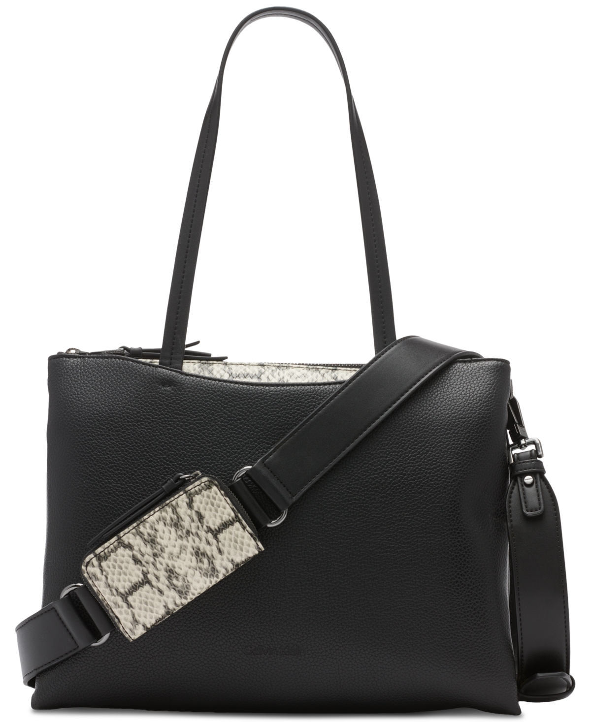 Calvin Klein Chrome Top Zipper Convertible Tote With Zippered Pouch In Black,white