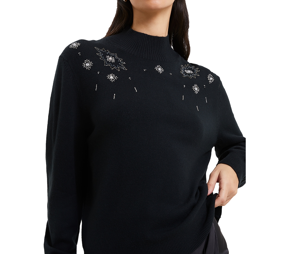 French Connection Women's Embellished Mock-neck Sweater In Black
