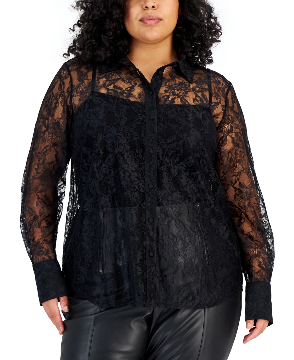 Bar Iii Plus Size Sheer-lace Buttoned-cuff Shirt, Created For Macy's In Deep Black