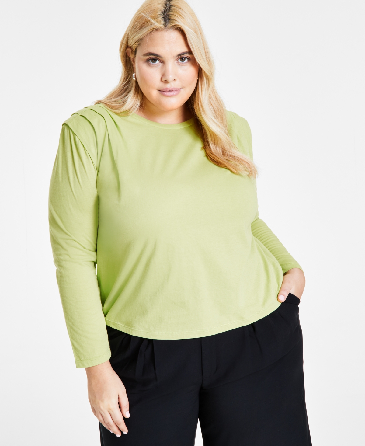 Plus Size Cotton Round-Neck Pleat-Shoulder T-Shirt, Created for Macy's - Spring Lime