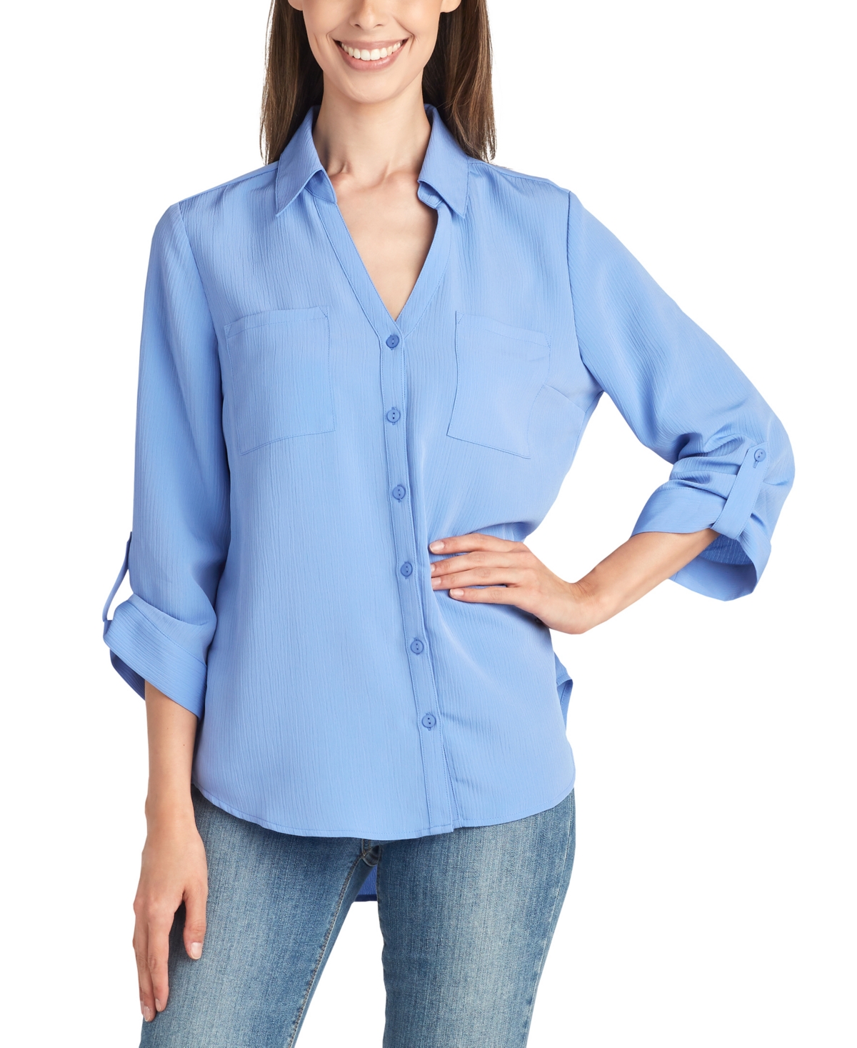 Bcx Juniors' Button-front Roll-sleeve Textured Shirt In Cornflower Blue