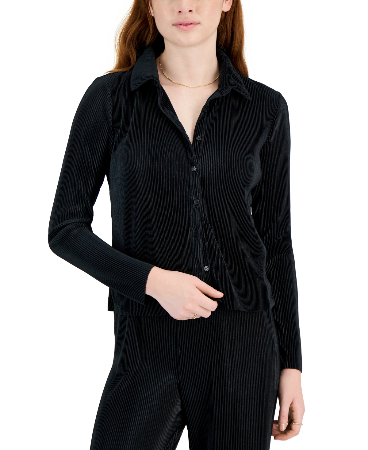 Self Esteem Juniors' Plisse Long-sleeve Button-up Shirt In Black