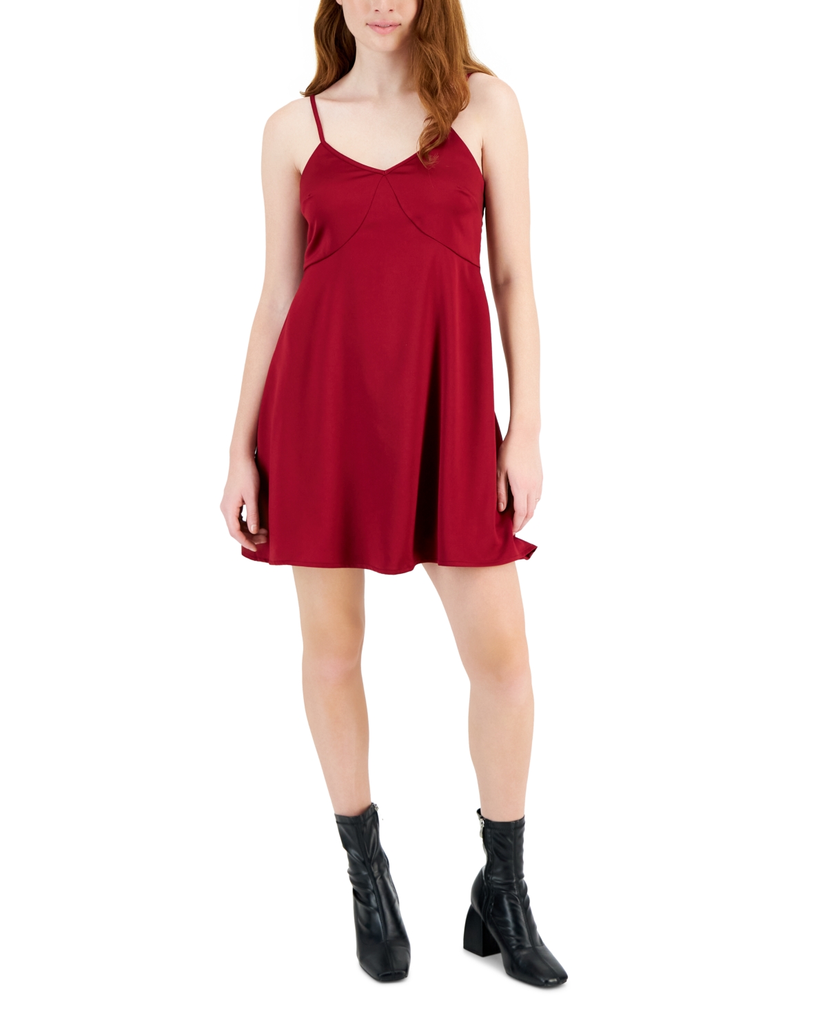 Juniors' V-Neck Mini Slip Dress - Dark Red