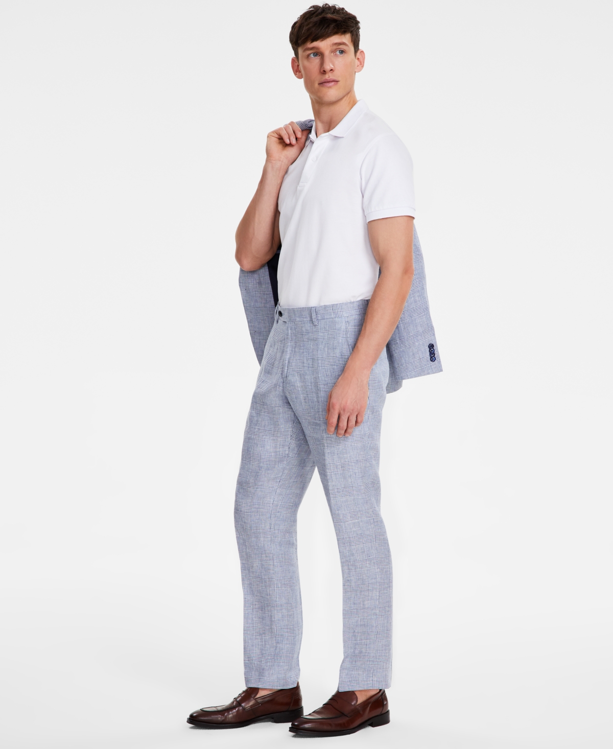 Shop Tommy Hilfiger Men's Modern-fit Blue Plaid Linen Suit Separate Pants In Blue,white Plaid