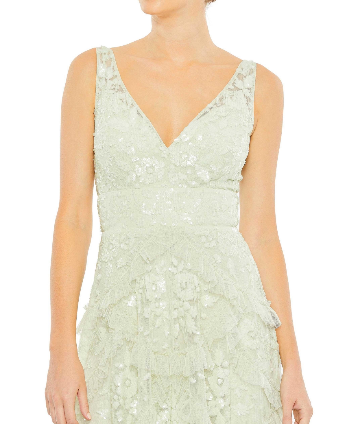 Women's Sequined Scallop Ruffle Tiered V-Neck Gown