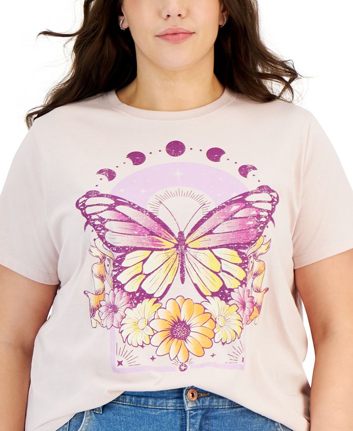 Rebellious One Trendy Plus Size Floral Butterfly T-Shirt - Macy's