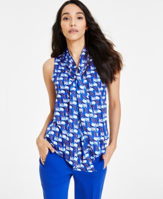 Bar III - Women's Raindrop-Print Tie Neck Sleeveless Top