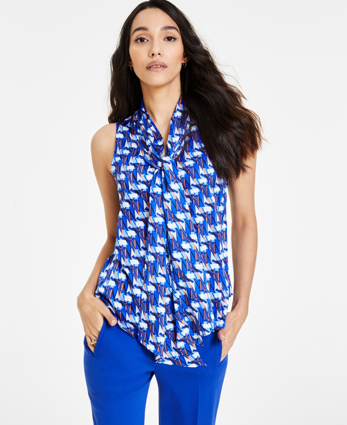 Women's Raindrop-Print Tie Neck Sleeveless Top, Created for Macy's - Deep Blue Multi
