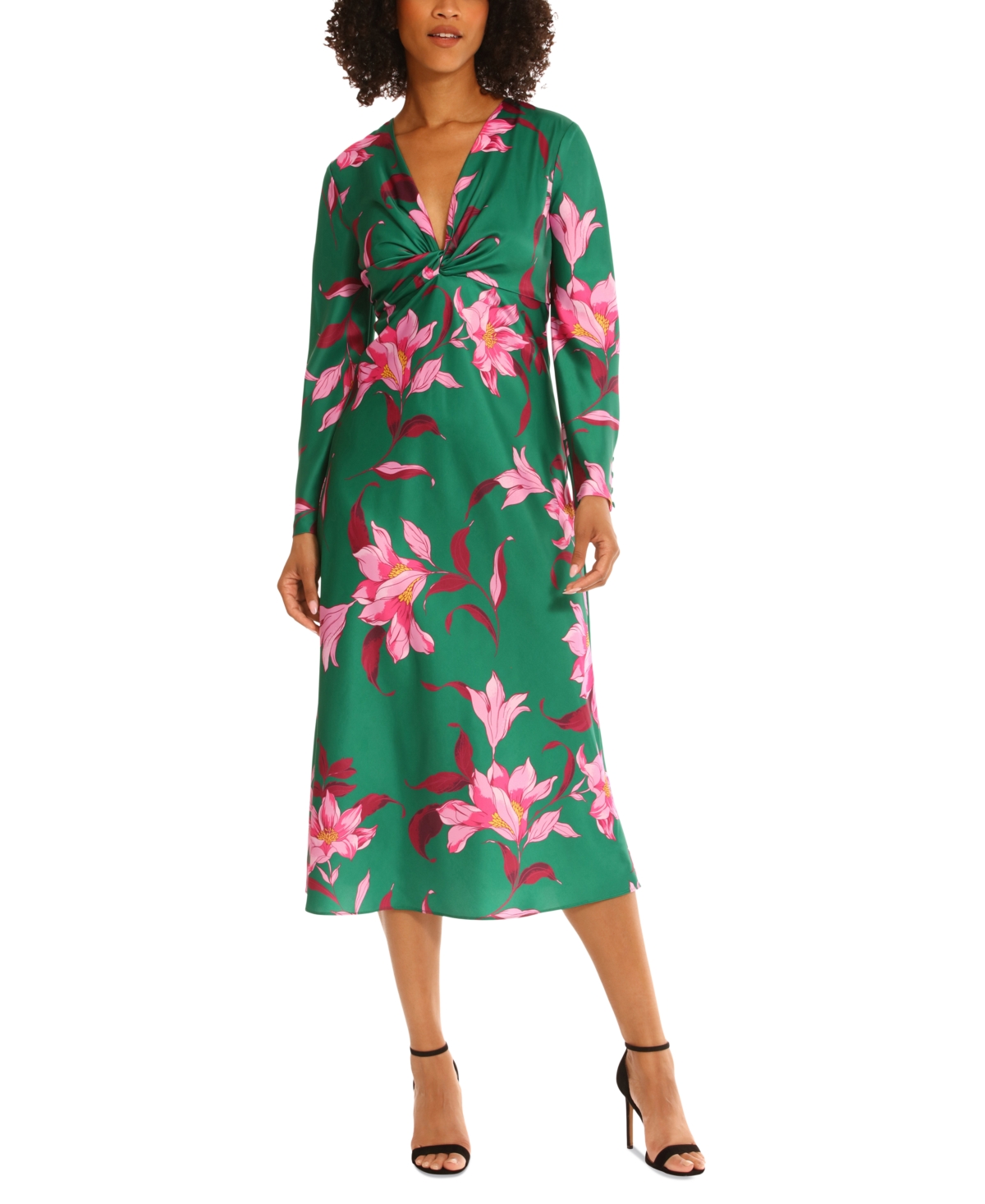 Women's Floral-Print Twist-Front Midi Dress - Emerald Green/pink Blossom