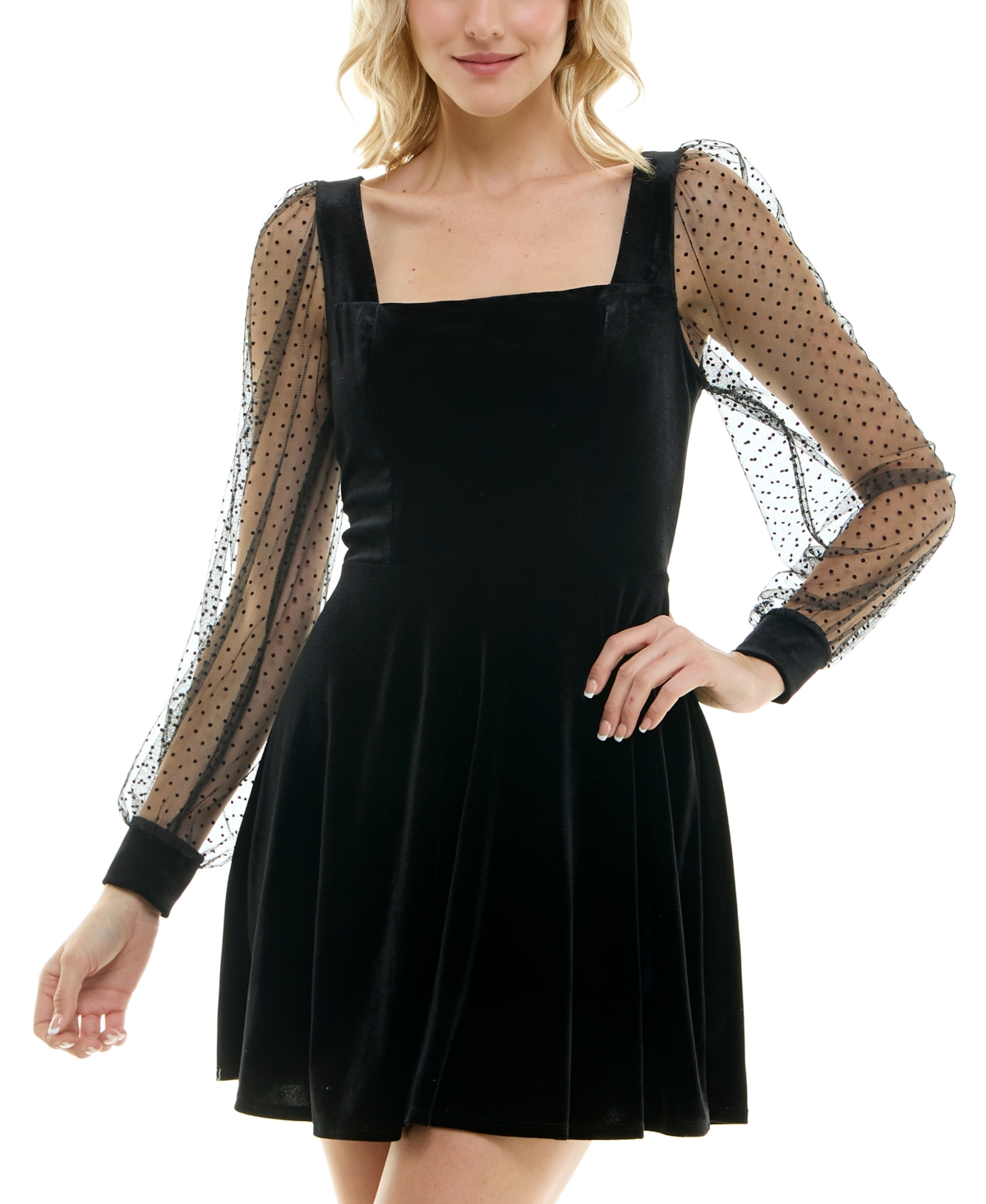 Crystal Doll Juniors' Square-neck Sheer-sleeve Fit & Flare Velvet Dress In Black