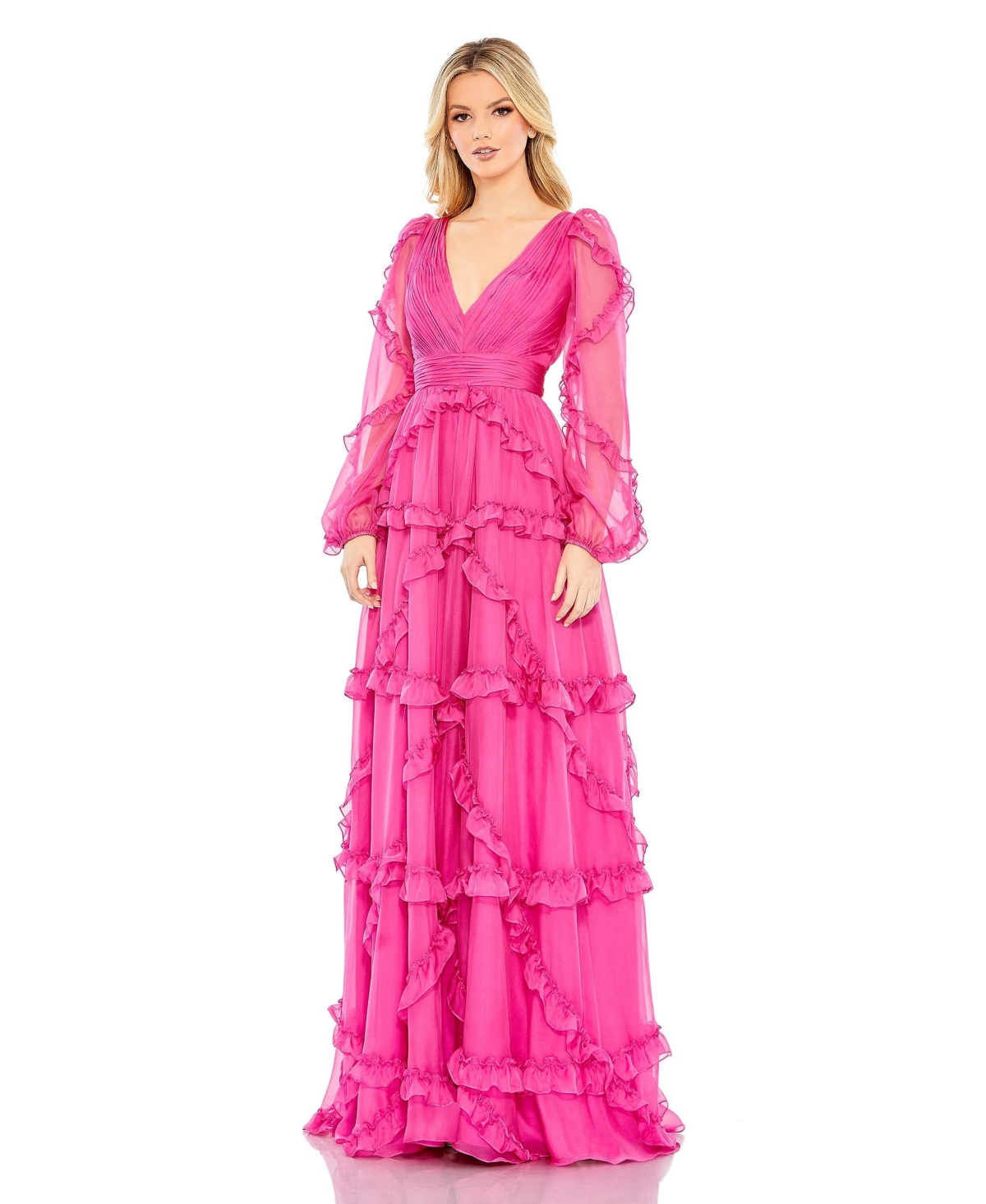 Mac Duggal Women's Cascaded Ruffle Puff Sleeve A Line Gown