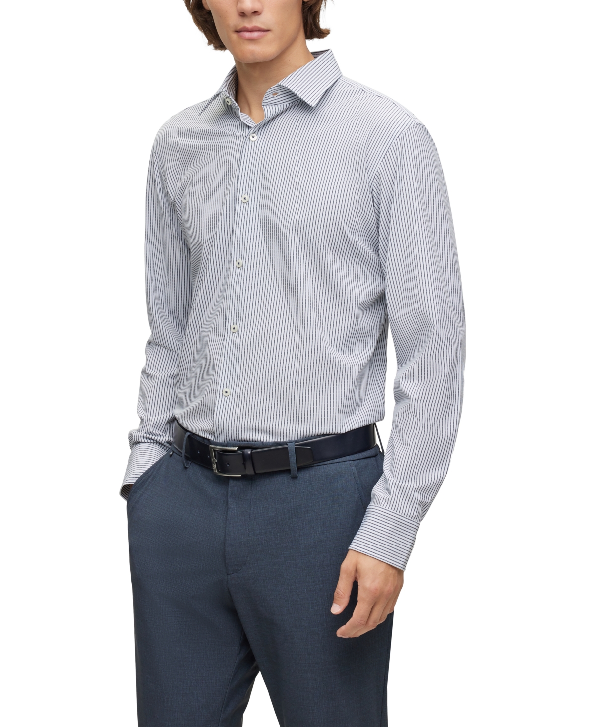 Hugo Boss Boss By  Men's Striped Material Regular-fit Shirt In Navy
