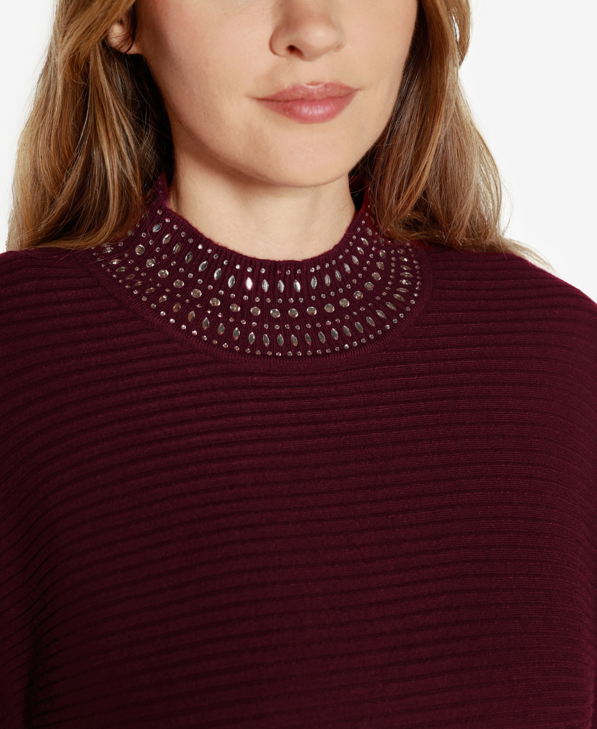 Belldini Women's Embellished Neck Ribbed Dolman Sweater