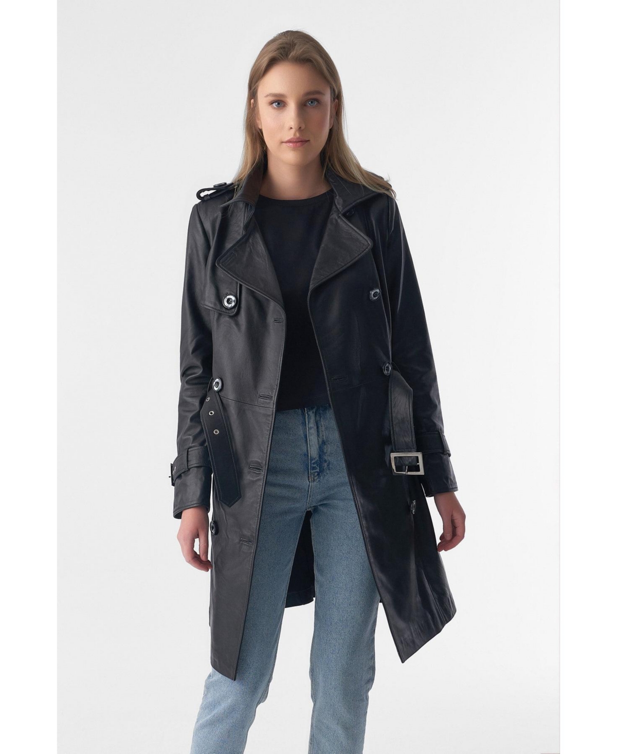 Women's Genuine Leather Trench Coat, Black - Black