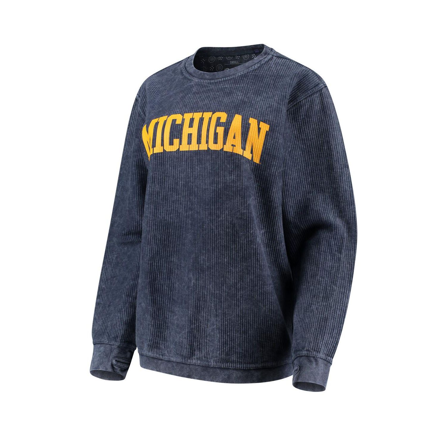 Women's Navy Distressed Michigan Wolverines Comfy Cord Vintage-Like Wash Basic Arch Pullover Sweatshirt