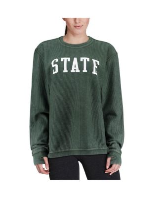 Women's Green Distressed Michigan State Spartans Comfy Cord Vintage-Like Wash Basic Arch Pullover Sweatshirt