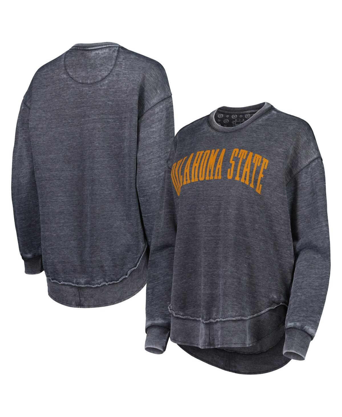 PRESSBOX WOMEN'S PRESSBOX BLACK DISTRESSED OKLAHOMA STATE COWBOYS VINTAGE-LIKE WASH PULLOVER SWEATSHIRT 